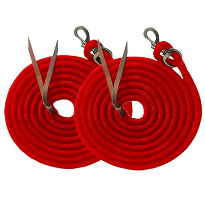 Majestic Ally 14' Pack of 2 Poly Training Lead Rope with Leather Popper for Horses & Livestock – 14 Foot Long and 5/8 inch Thick - Replaceable Heavy-Duty Bolt Snap (Red) - color: Red