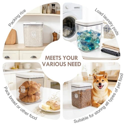 LEAWALK 5-7Lbs/5.81Qt/5.5L Airtight Dog Cat Food Storage Container and Pet Storage Bin BPA-Free. PET Clear Stackable Dog Treat Containers for Pet Food/Rice/Dry/Cereals/Flour/Sugar/Bread - color: White-5.5L-C
