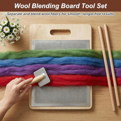 PercyEffie 4 Pcs Wool Blending Board Carding Brush Set Wools Hand Carders Includes 1 Wool Brush and 2 Wooden Craft Sticks for Rolags Blending and Finishing Fibers DIY Wools Carder Comb for Mixing