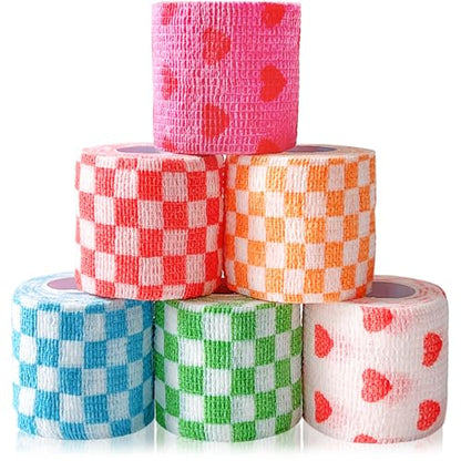 6 Pack 2 Inch x 5 Yards Checkered and Heart Print Pet Vet Wrap for Dogs, Cats, Horses, Non-Woven Self-Adhesive Cohesive Bandage Rolls for Wound Care, Ankle Sprains, Swelling, First Aid Protection - color: Checkered and Heart Print