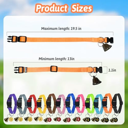 12 Pack Adjustable Goat Collars with Bells Numbered Tags