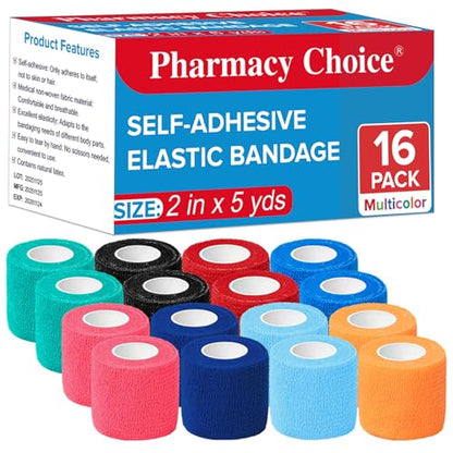 16 Pack Self Adhesive Bandage Wrap, 2" X 5 Yards Elastic Cohesive Bandage Wrap, Color Athletic Tape, Vet Wrap, Ankle Tape,Non-Woven Cohesive Bandage, Multicolor - color: Multicolor