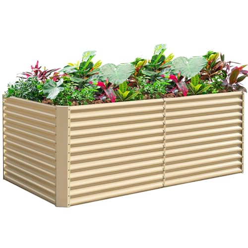 Land Guard 8x4x3ft Rectangular Galvanized Raised Garden Beds, Large-Capacity Metal Planter Box Outdoor, Durable Deep Raised Garden Bed 3ft Tall, Raised Beds for Gardening Vegetables, Cream Yellow - color: Cream Yellow, size: 8×4×3ft