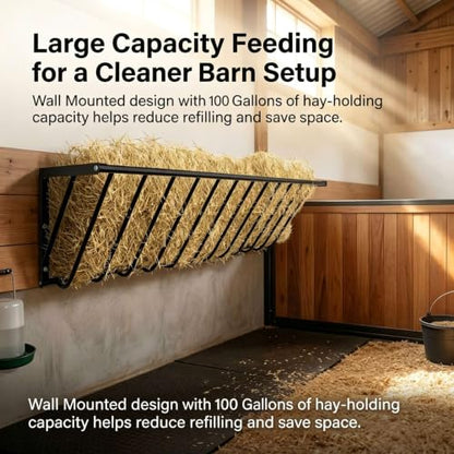 63 Inch Wall Mounted 100 Gallon Hay Feeder for Goats, Heavy Duty Livestock Feeder Large Volume Farm Feed Trough Fits Cows Horses for Farm Use