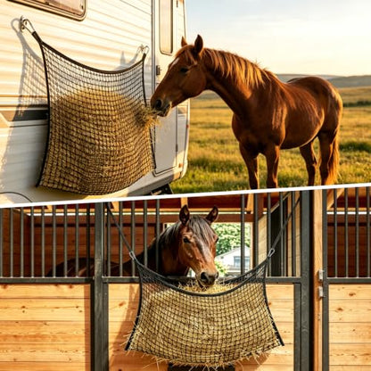 2Pcs Slow Feed Hay Net for Horses, Durable Hanging Hay Bag with Clips for Horses Goats Donkeys Sheep, Easy Loading, Large Capacity, Fits Stall & Trailer, 35" x 31", Black
