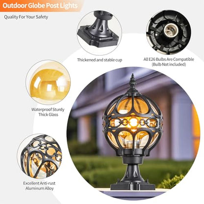 Outdoor Sphere Post Lights Fixtures, Waterproof Anti-Rust Outdoor Post Lights, Outdoor Lamp with Thickened Coating for Driveway, Pathway, Garden (Black, Small-2 Pack)
