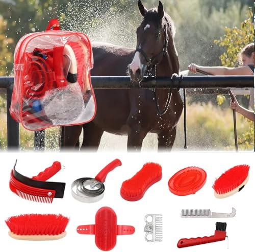 10pcs Horse Grooming Kit, Horse Care Set with Tote Bag, Sweat Scraper, Curry Comb, Brush, Hoof Pick - Essential Equine Grooming Supplies-MP1133
