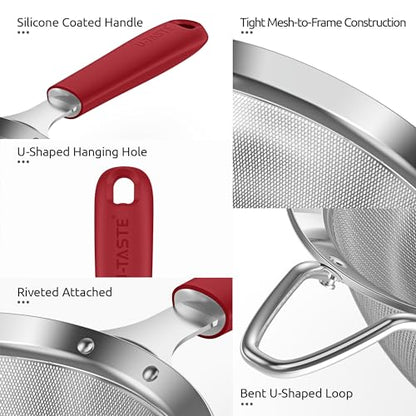 U-Taste Fine Mesh Strainer, 18/8 Stainless Steel Sieve 30 Mesh, M/Red - color: (4) Red, size: M-4.73in