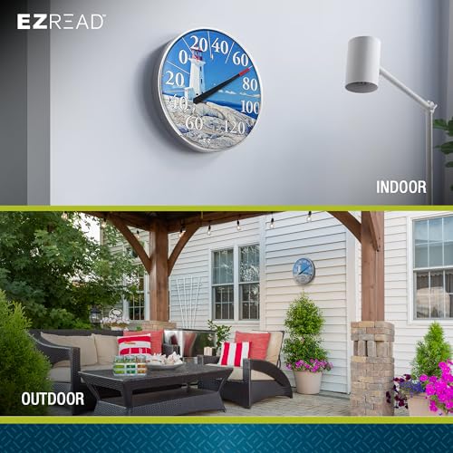 EZREAD Hanging Dial Thermometer 840-1215 Weather Thermometers for Indoor and Outdoor Use, Large 12.5 Inch Diameter, Easy to Read Numbers, Lighthouse - color: Lighthouse