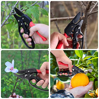 Germany Pruning Shears For Gardening, Arthritis Weak Hand Snips, 4x cutting power trimming, 1-Inch Cut Capacity Garden Clippers, Ergonomic handle, Rust resistant, high strength steel, Sharp - style: Reddish balck