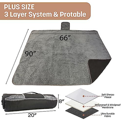 Tirrinia Waterproof Outdoor Blanket with Sherpa Lining, Windproof Foldable - color: Black/Grey, size: 51” x 59”