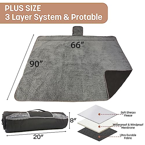 Tirrinia Waterproof Outdoor Blanket with Sherpa Lining, Windproof Foldable - color: Black/Grey, size: 66” x 90”