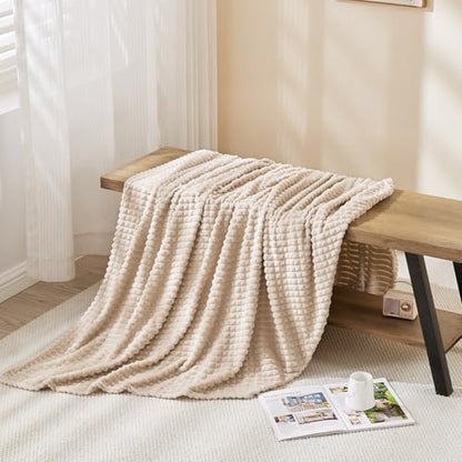 EMME Fleece Blanket, 3D Jacquard Throw Blanket for Couch and Bed, Soft Cozy and Fluffy Blankets Lightweight Luxury Flannel with Geometric Grid Design (Beige, 108" x 90") - color: 01-grid-beige, size: King