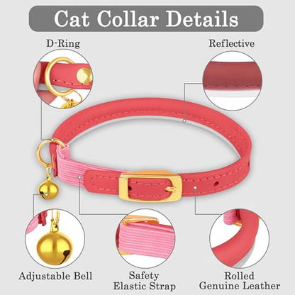OOPSDOGGY Rolled Leather Cat Collar with Bell - Reflective Kitten Collar with Safety Elastic Strap - Adjustable Small Pet Collars for Boy Girl Cats (Pink) - color: Pink