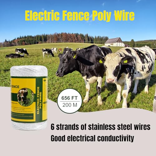 Portable Electric Fence Polywire, 656 Feet 200 Meter, 6 Conductors, White Color