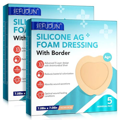 Silicone Foam Dressing Ag Sterile Wound Bandage with Waterproof Gentle Silicone Adhesive Border, 7"x7" Breathable Ultra Absorbent Pads (7.08x7.08 Inch (Pack of 10)) - size: 7.08x7.08 Inch (Pack of 10)
