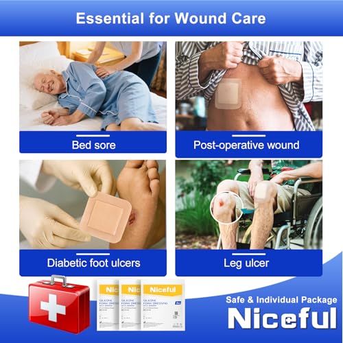 Niceful Silicone Foam Dressing 4"x4" 25 PCS for Bed Sores Post Surgery | 5-Layer Silicone Foam, High Absorbency, Waterproof Breathable, Sensitive Skin, Pressure Ulcers & Post-Op, 2.5"X2.5" Pad - size: 4"x4"(25 PCS)