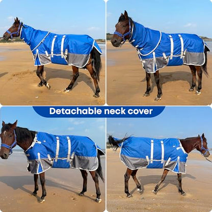 1200D Turnout Horse Blanket with Hood & Band, Medium Weight, Blue/Grey,78IN - color: Blue/Gray with Band, size: 78 IN