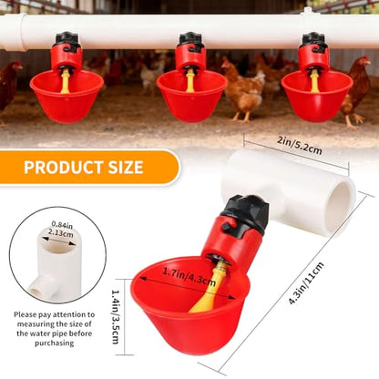 6 Packs Chicken Waterer Cups with PVC Tee Fittings, 1/8 Inch FTP Threads | Keep Clean Water, Automatic Poultry Feeder Cups Water Feeder for for DIY 1/2" Pipe System Chicks, Duck, Goose, Quail