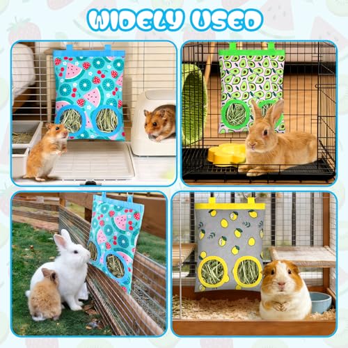 3 Pack Rabbits Hay Feeder Bag, 2 Holes Hanging Bunny Hay Feeder Guinea Pig Feeding Bag Storage Dispenser for Bunny Rabbits Chinchillas Hamsters Small Pets and Animals - color: Blue Green Yellow