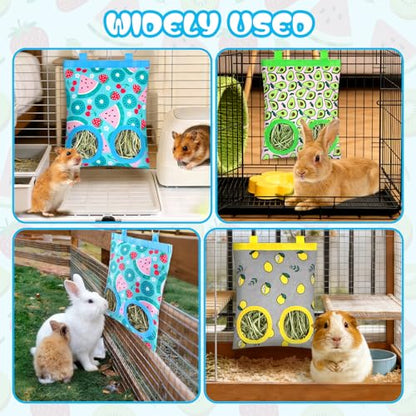 3 Pack Rabbits Hay Feeder Bag, 2 Holes Hanging Bunny Hay Feeder Guinea Pig Feeding Bag Storage Dispenser for Bunny Rabbits Chinchillas Hamsters Small Pets and Animals - color: Blue Green Yellow