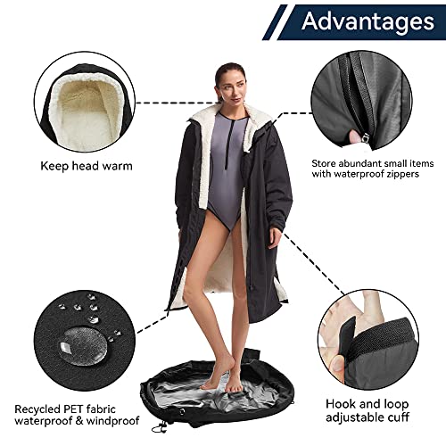 Oksun Waterproof Swim Parka: Windproof Sherpa Fleece Lined Surf Poncho - color: Sherpa Lining, Black