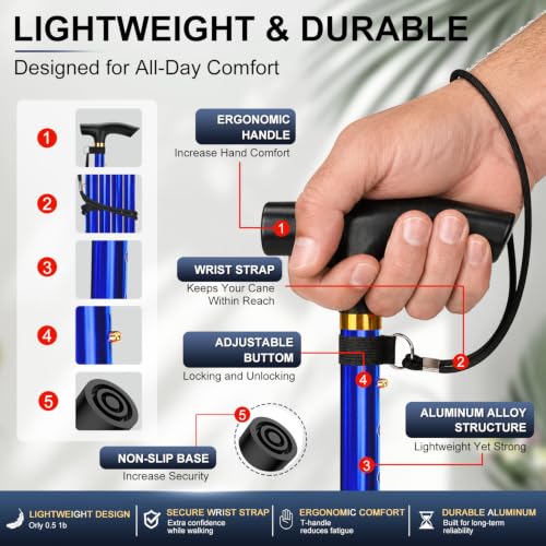 supregear Folding Cane, 5-Level Adjustable Height Walking Stick Lightweight Collapsible Portable Travel Cane with Wrist Strap and T Handle for Elderly Disabled Men Women - color: Dark Blue