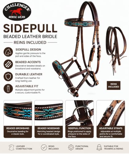 Horse Western English Leather Bitless Sidepull Bridle w/ Split Reins 77RS10 - color: Brown/Beaded