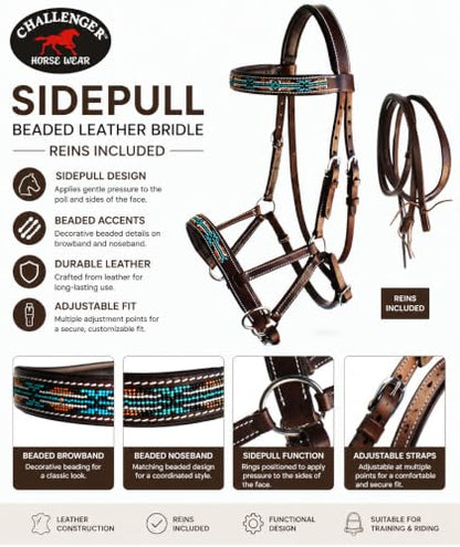 Horse Western English Leather Bitless Sidepull Bridle w/ Split Reins 77RS10 - color: Brown/Beaded