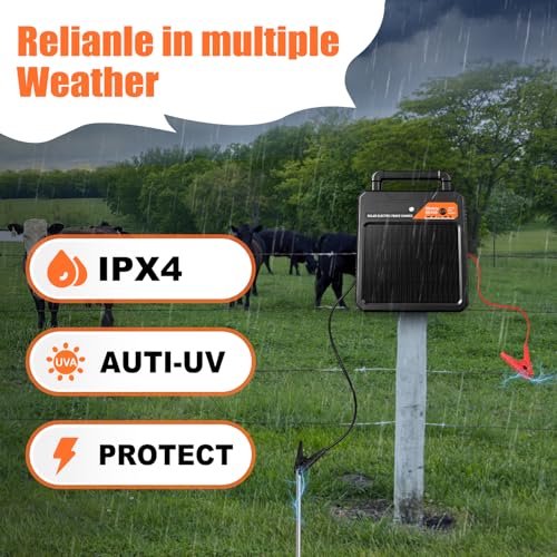 10 Miles Solar Electric Fence Charger 0.16J Output Fence Energizer with Front Visible Switch Design, Peak 8.1KV Output 2.5KV Under Load Portable Solar Fence Charger for Livestock Defense - size: 10 Miles