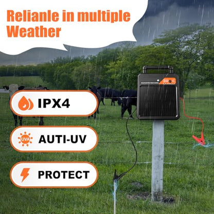 10 Miles Solar Electric Fence Charger 0.16J Output Fence Energizer with Front Visible Switch Design, Peak 8.1KV Output 2.5KV Under Load Portable Solar Fence Charger for Livestock Defense - size: 10 Miles