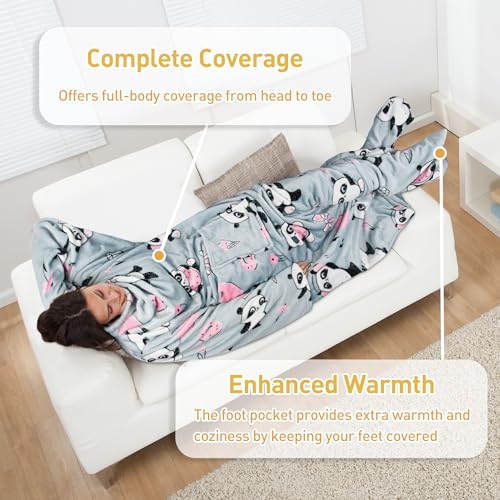 Catalonia Wearable Blanket with Sleeves & Foot Pocket for Adults - color: Panda Grey, size: Fleece