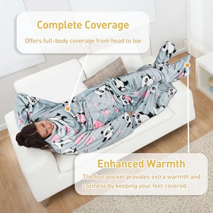 Catalonia Wearable Blanket with Sleeves & Foot Pocket for Adults - color: Panda Grey, size: Fleece