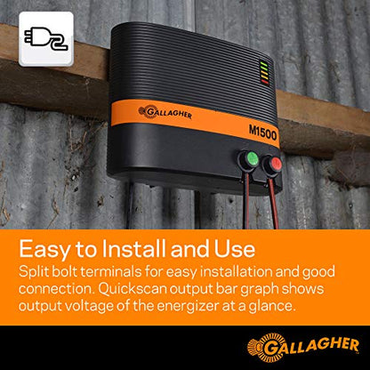 Gallagher M1500 Electric Fence Energizer | 110V Plug-in Fence Charger for Livestock, Horses, and Large Pastures | Powers Up to 160 Miles of Fence | Low Impedance, Built-in Lightning Protection