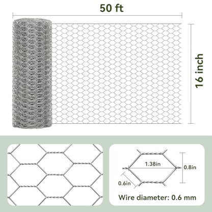 Amagabeli Chicken Wire Fencing 16in x 50ft Garden Netting Poultry Wire Hexagonal Galvanized Mesh Roll Fence Barrier for Raised Bed Cattle Panels for Plant Trellis Vegetable Dog Bird Pet Cage Craft - size: 1" 16"x50'