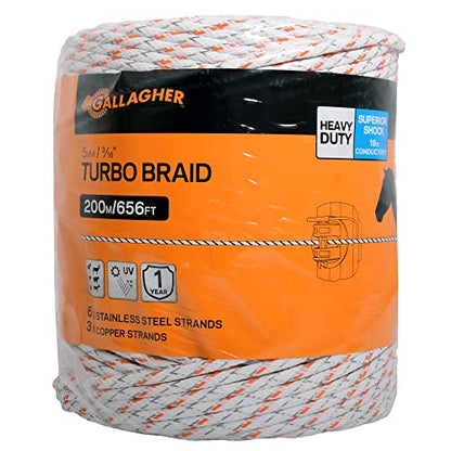 Gallagher 3/16" Electric Fence Rope for Horses | Heavy Duty Braided Electric Horse Fence | High Conductivity Turbo Braid | 656ft Roll for Portable & Semi Permanent Fencing