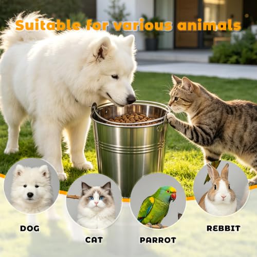 4 Pack 1 Quart Stainless Steel Hanging Pet Bucket with 4 Double End Snap Hooks, Heavy Dog Water Food Pail for Crate Kennel Cage, Rust Proof Farm Feeder Bowl for Dogs Cats Rabbit Chicken