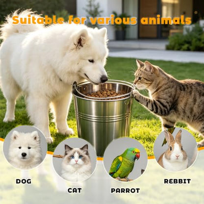 4 Pack 1 Quart Stainless Steel Hanging Pet Bucket with 4 Double End Snap Hooks, Heavy Dog Water Food Pail for Crate Kennel Cage, Rust Proof Farm Feeder Bowl for Dogs Cats Rabbit Chicken