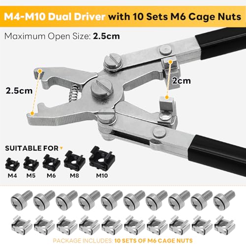 Rotable Dual Head Cage Nut Tool Kit with 10 Sets M6 Silver Rack Mount Screws - Screw Install and Remove Tool for M4 M5 M6 M8 M10 - Screw Tool Kit for Server Rack, Network Cabinet, Data Center(Black) - color: 10 Pack Cage Nuts+Black Handle Tool
