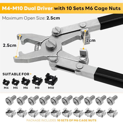 Rotable Dual Head Cage Nut Tool Kit with 10 Sets M6 Silver Rack Mount Screws - Screw Install and Remove Tool for M4 M5 M6 M8 M10 - Screw Tool Kit for Server Rack, Network Cabinet, Data Center(Black) - color: 10 Pack Cage Nuts+Black Handle Tool