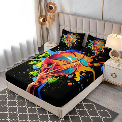 Black Basketball Full Bedding Sets,1 Fitted Sheet+2 Pillowcases. - color: Color-black, size: Full