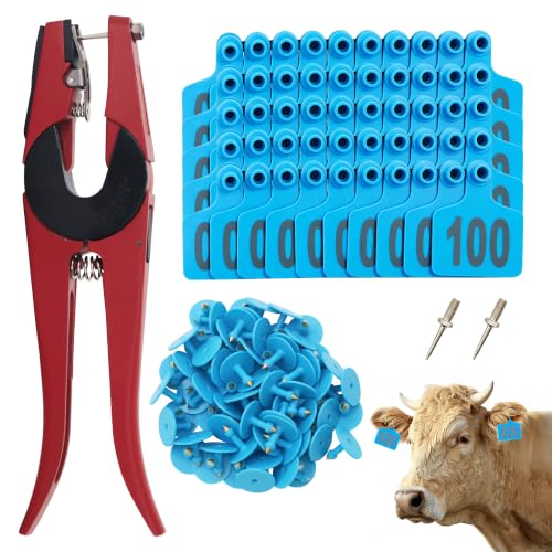 100 PCS Cattle Ear Tags Numbered 001-100 with Pliers for Goats Sheep Pigs - color: Blue