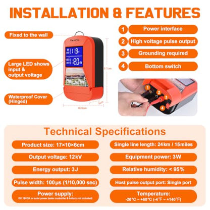 12KV Electric Fence Charger, 15 Miles 3 Joules Electric Fence Kit - color: Red