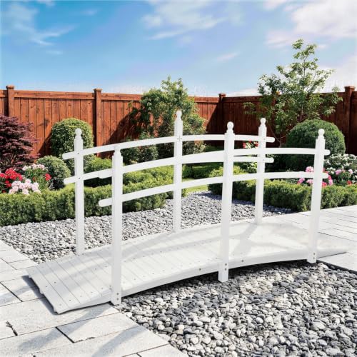 Outvita 7.5 ft Garden Wooden Bridge Arch Stained Finish with Safety Rails Outdoor Footbridge for Backyard Creek Farm, Decorative Pond Bridge - size: 7.5ft-White
