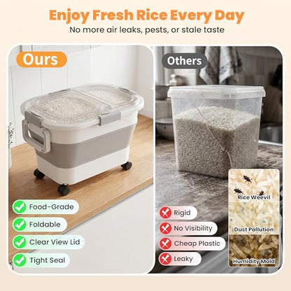 30 Lbs Rice Container, Collapsible Dog Food Storage Container | Airtight Cat Food Container with Wheels, Transparent Lid, Measuring Cup, Scoop and Handle, BPA Free for Pet Food, Bird Seed - size: 30lbs