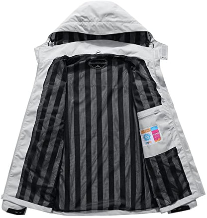 OTU Men's Lightweight Waterproof Hooded Rain Jacket Outdoor Raincoat Shell Jacket for Hiking Travel Light Grey S