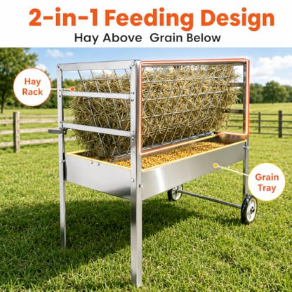 Hay and Grain Feeder, Freestanding Farm Feeder for Goats & Sheep
