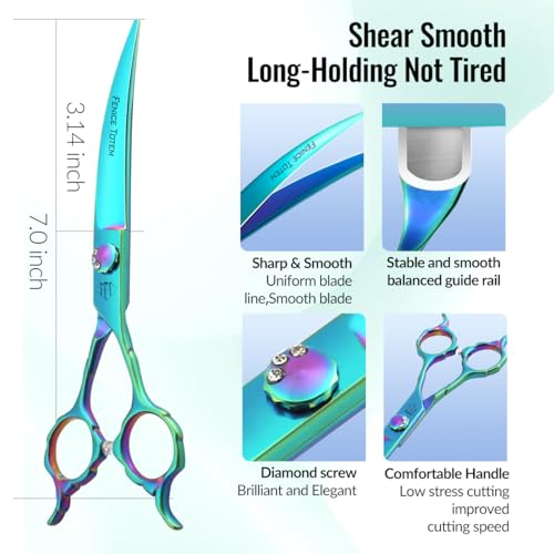 Dog Grooming Scissors: 7" Straight Pet Shears Skeletonized blade Made Of Japanese 440C for Trimming Dogs Cats and Other Pets Green (Curved G, 7") - style: Curved G