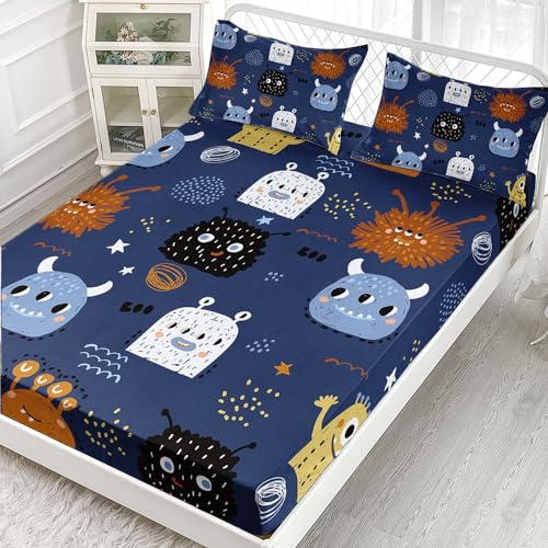 Monsters Sheets Set 4Pcs for Kids,Cute Monsters Printed Sheet Set with 1 Flat Sheet and 1 Fitted Sheet + 2 Pillowcases(Cute Monsters Full) - color: Cute Monsters, size: Full 81x97 inches