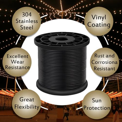 Vinyl Coated Wire Rope 304 Stainless Steel Coated Wire Cable-Black, 1/16" OD to 3/32" x 328FT, with 150 Pcs Crimping Sleeves-Cable for String Lights, Suitable for Clotheslines - size: 328FT